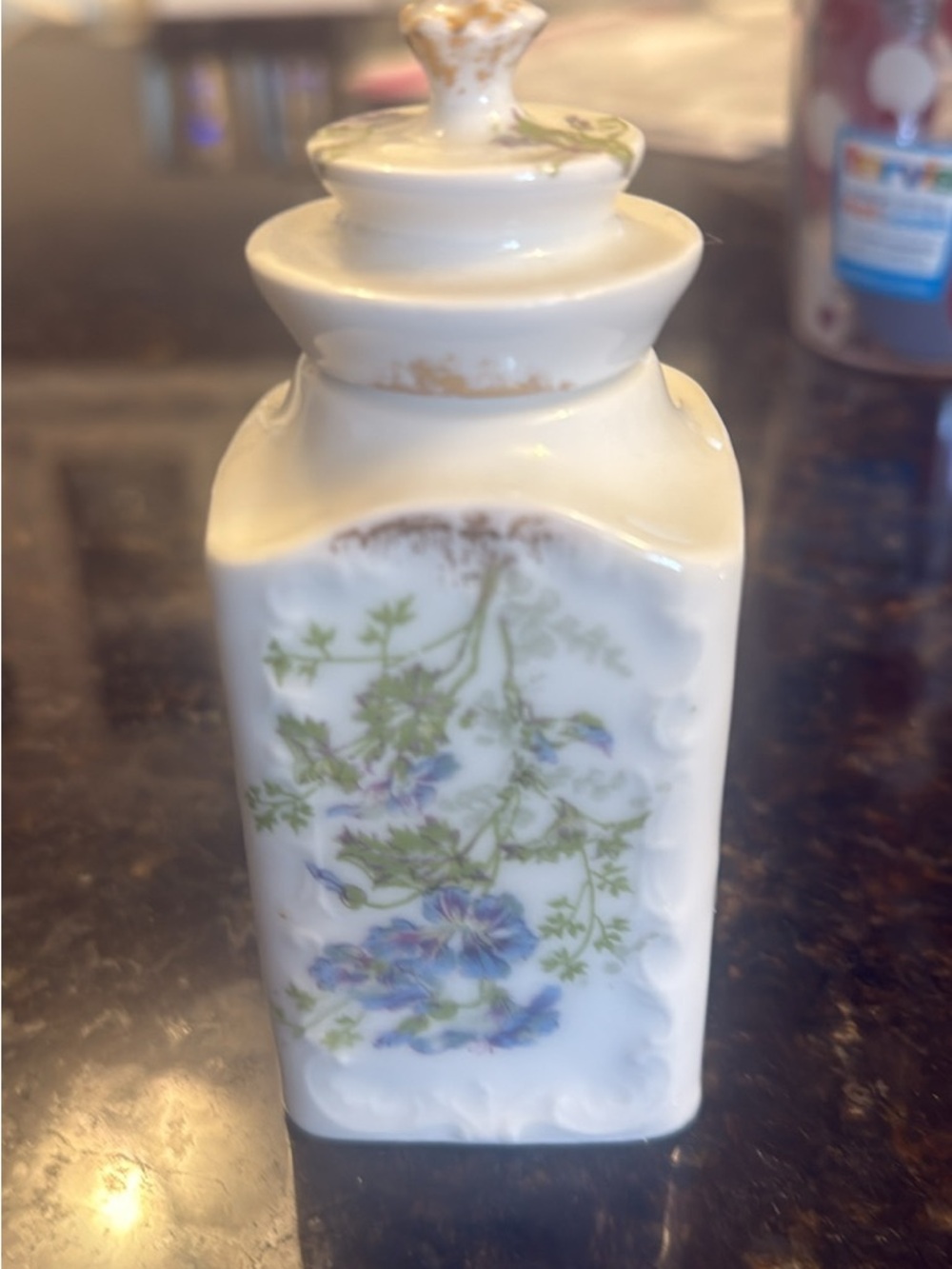 Porcelain AKD France Floral Apothecary Jar-Cream with Blue & Green Floral Design